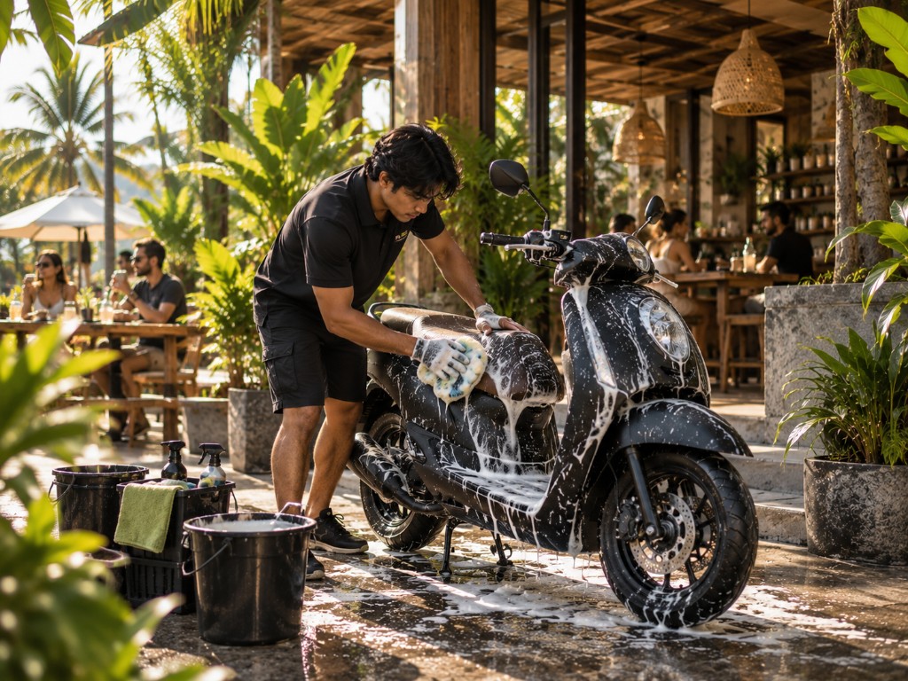 Washappy detailer cleaning a scooter outside