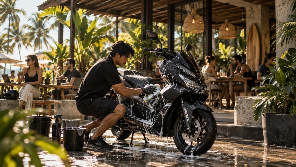 Washappy detailer cleaning a scooter at a Bali lifestyle venue