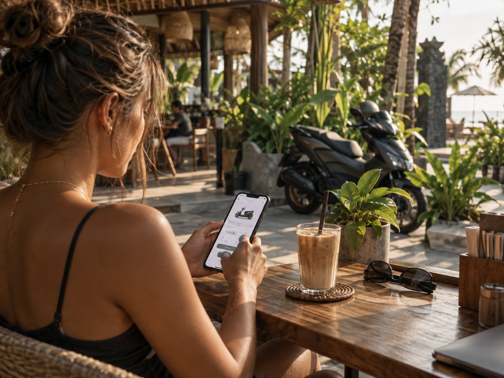 Customer booking a Washappy wash on their phone at a Bali café