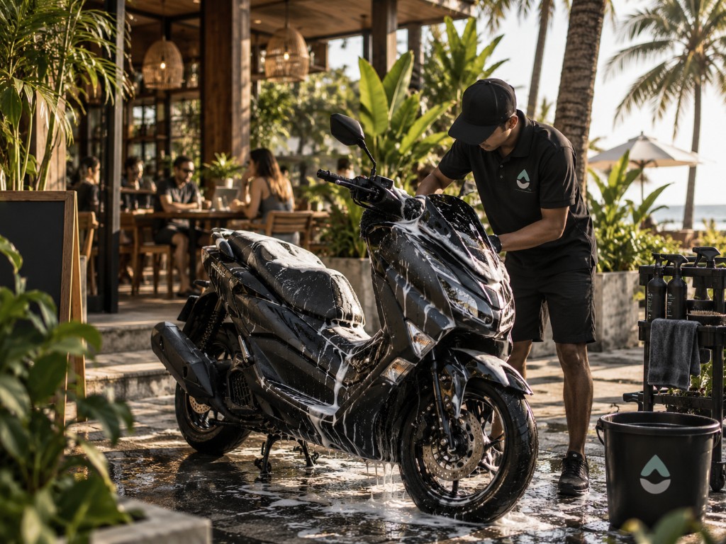 Washappy detailer washing a scooter outside the venue