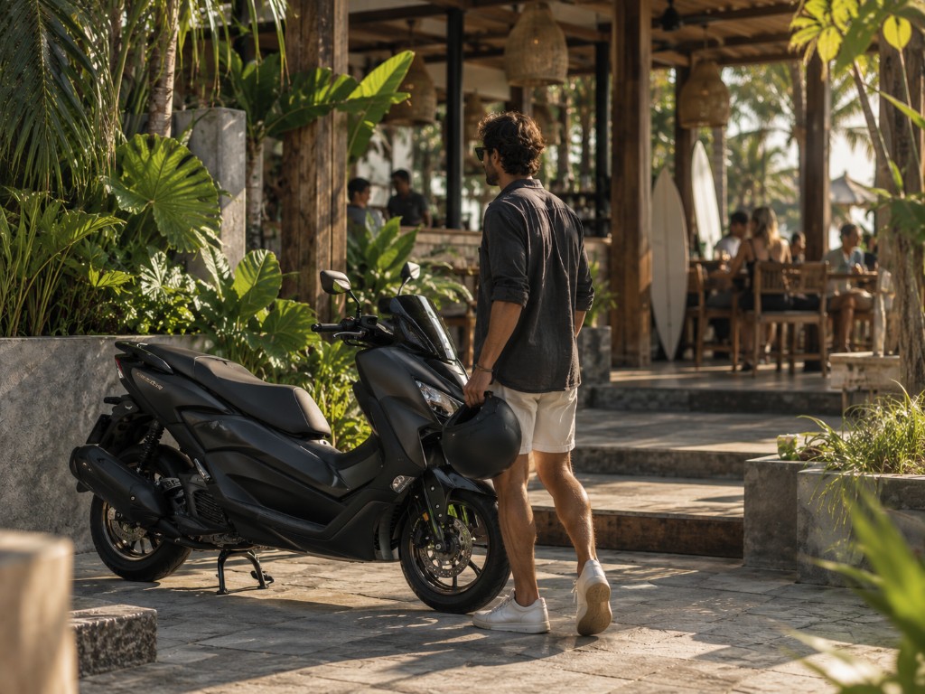 Arriving and parking a scooter at a Bali café venue