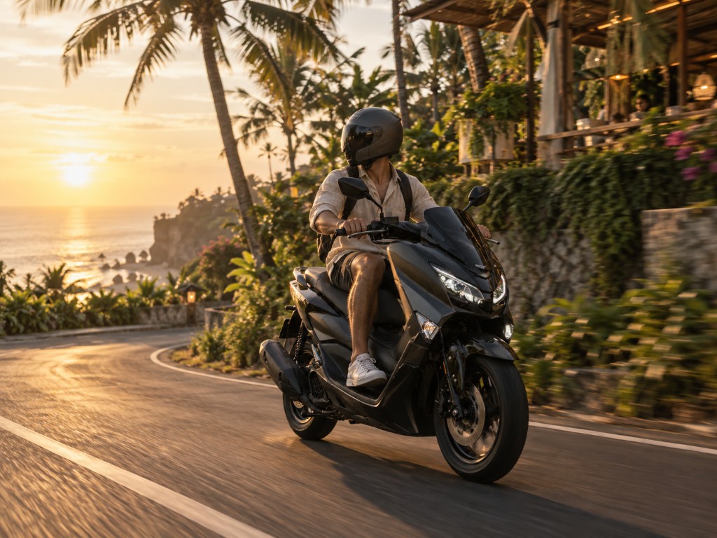Riding away on a clean scooter along the Bali coast
