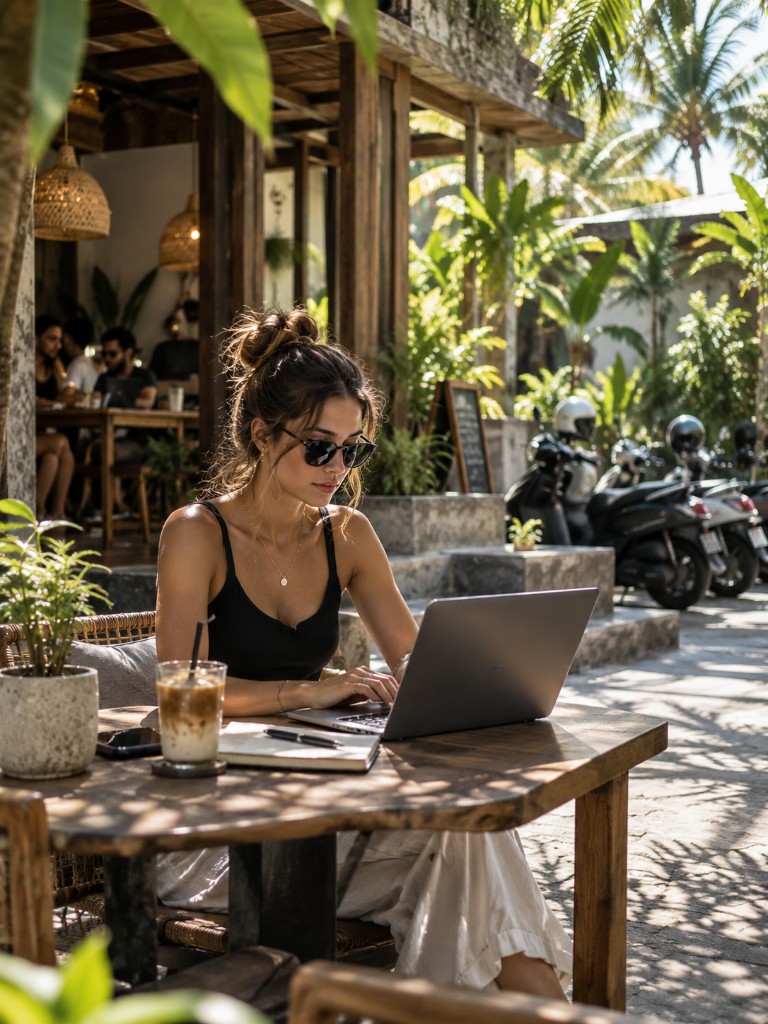Customers enjoying a Bali café while their vehicles are nearby