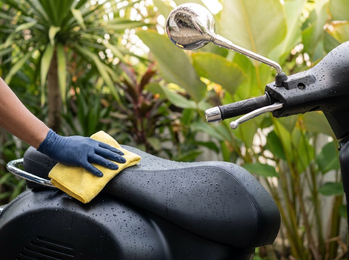Detailer drying a scooter seat with a microfiber cloth after a wash